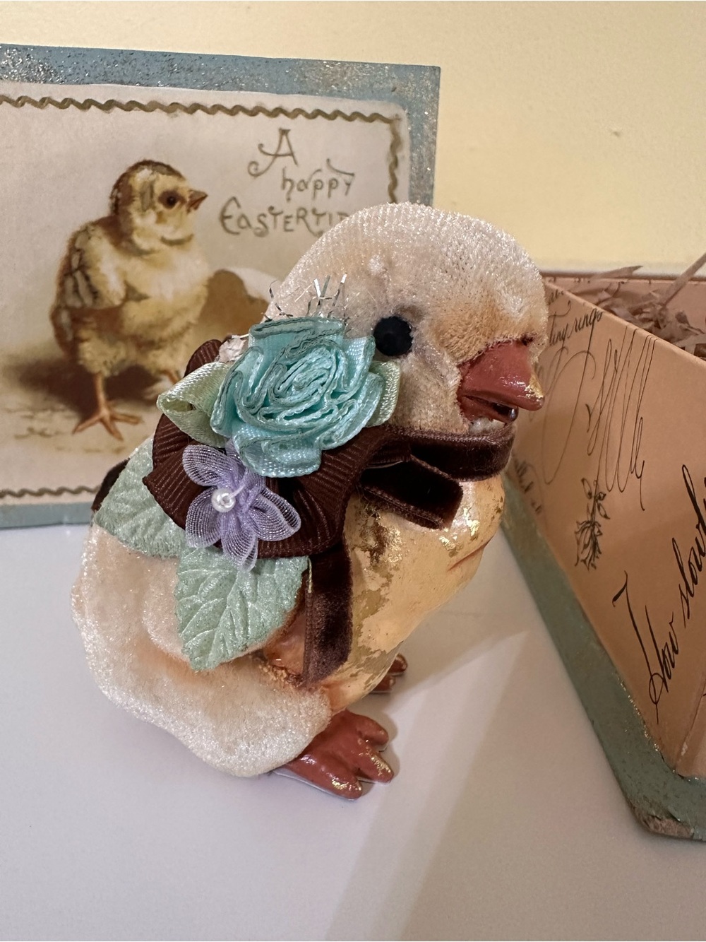Vintage Katherine’s Collection Wayne Kleski Easter Chick Velvet w/Ribbon Flowers